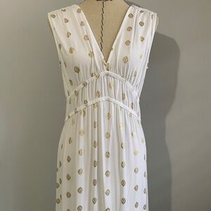 NWT Boden Women's White Smocked Maxi Dress Gold Tranquil Leaf Boho Greek Goddess